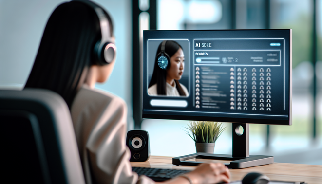 A diverse recruiter uses AI to screen resumes, analyzing profiles and scores on a sleek office monitor.