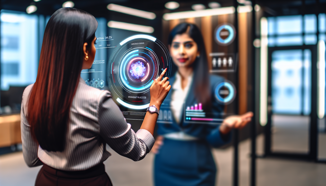 Cover design for "Automate Sales with AI": Businessperson with holographic dashboard in modern office setting.