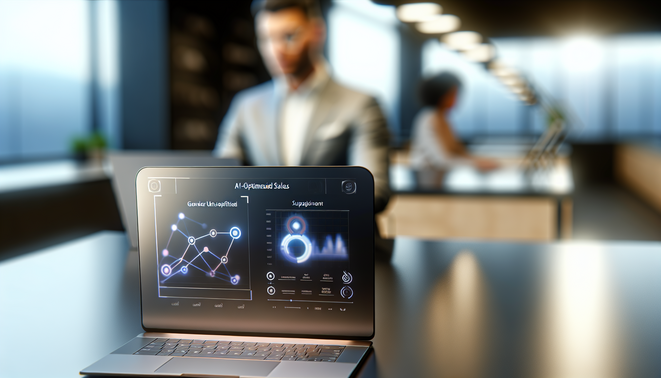 alt_text: A professional using a laptop to display an AI sales dashboard in a modern office setting.