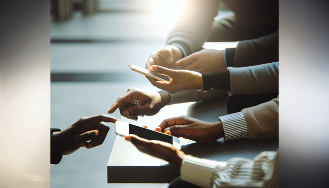 alt_text: Hands with diverse skin tones interact with a smartphone in a modern, sunlit workspace.