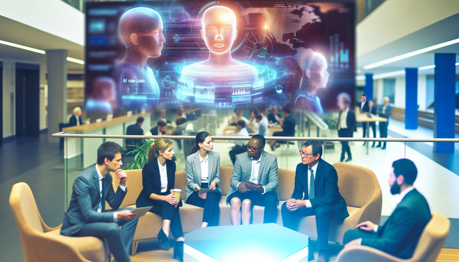 Diverse professionals in a modern bank lobby discuss AI use cases, with holographic data visuals above.