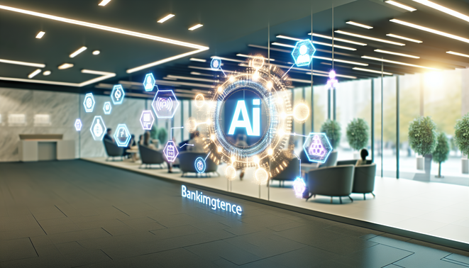 Photorealistic banking report cover featuring AI elements, modern bank lobby, and glowing data icons.