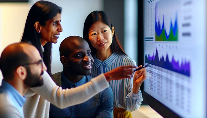 alt_text: A diverse team in a modern office collaboratively reviewing performance metrics on a screen.