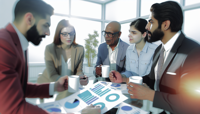 alt_text: Diverse team collaborating on performance metrics in a bright, modern office, focused and engaged.