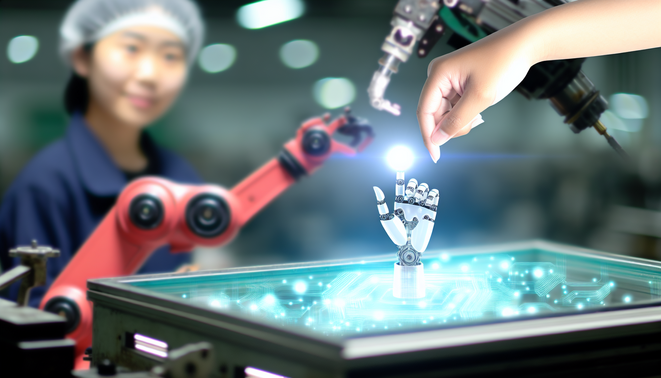 Human and robotic hands nearly touch above a glowing holographic interface in a modern factory setting.