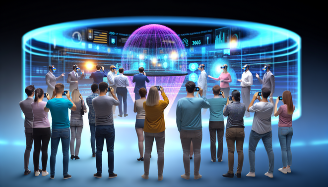 A diverse group of customers interacts with a holographic HUD showcasing 360-degree telecom data.