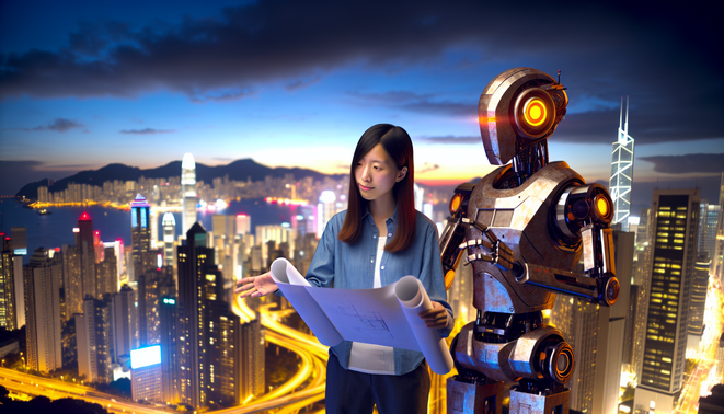 alt_text: A human and robot gesture collaboratively in a modern cityscape, blending warm and cool lights.