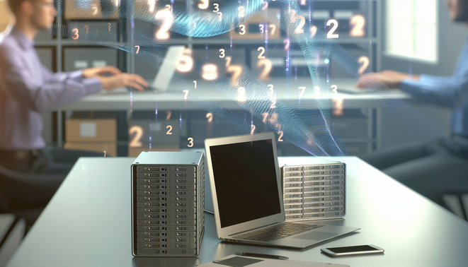 alt_text: Modern workspace with sleek laptop, data drives, and holographic streams; hands interact with tech.