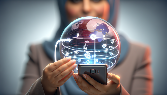 alt_text: A diverse customer holds a smartphone in a holographic sphere showcasing telecom data and insights.