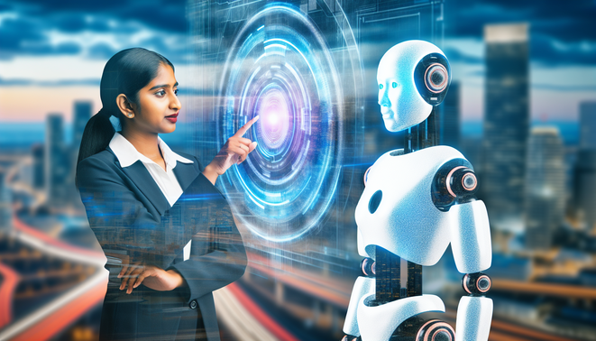 An AI-generated cover image depicting a diverse professional engaging with a holographic interface, exploring future job opportunities alongside a humanoid robot against a futuristic city skyline.