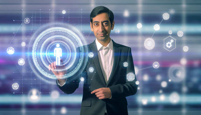 alt_text: A confident professional touches a holographic AI interface, symbolizing hopeful job futures in tech.