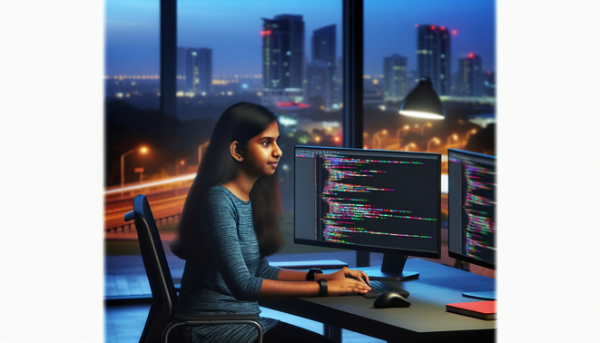 A focused young coder at dusk, immersed in colorful code, exuding a cozy urban vibe in a stylish workspace.