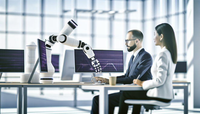 alt_text: A photorealistic image depicting collaboration between AI and humans at a modern office desk.
