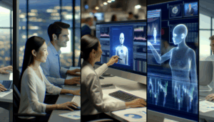 Three photorealistic AI image prompts for modern office scenes focused on human-AI interaction and data flow.