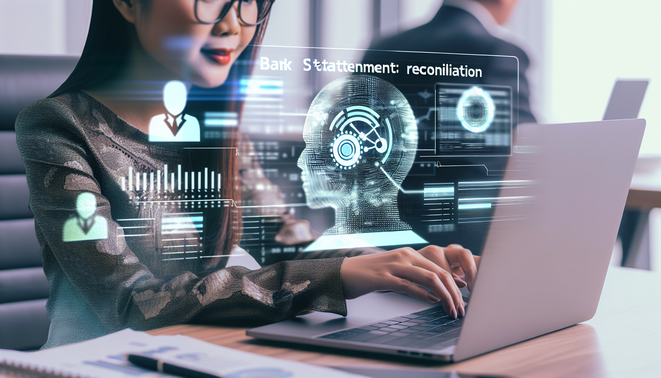 Alt Text: "Corporate cover image of a financial analyst reconciling bank statements using AI on a laptop."