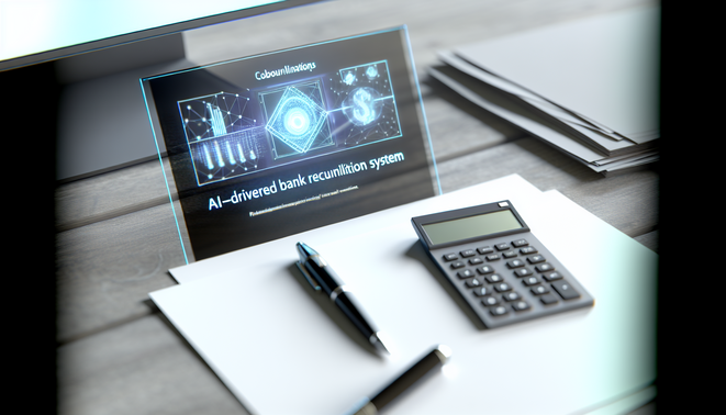 Photorealistic desk scene showcasing AI-driven bank reconciliation with a holographic display and highlights.