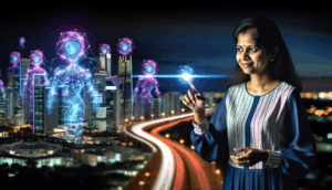 A diverse telecom engineer interacts with a futuristic city skyline, showcasing glowing data streams and AI.