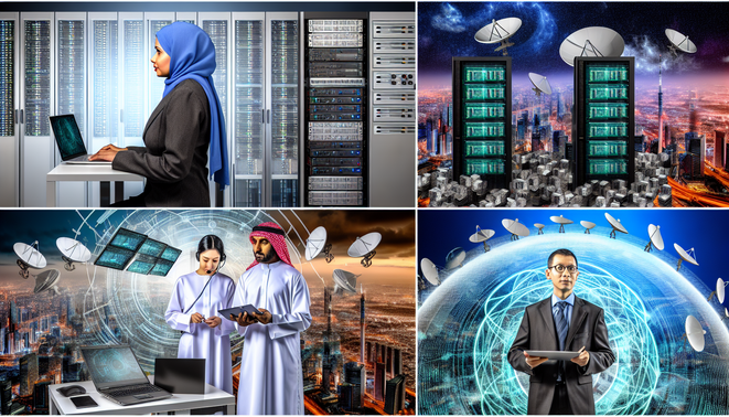 Four realistic AI in Telecom cover concepts featuring diverse professionals, cityscapes, data centers, and collaboration.