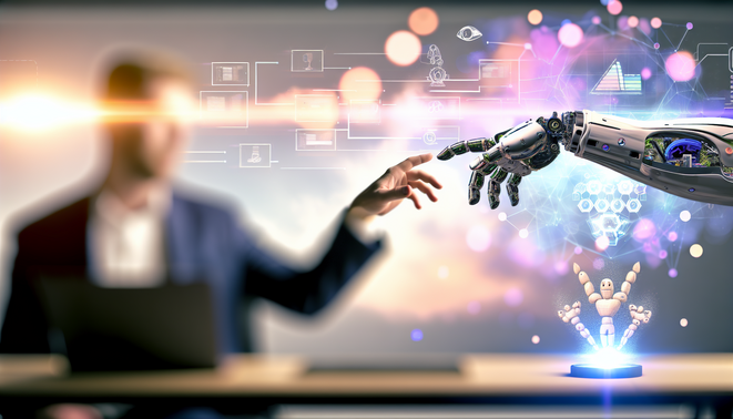 AI in RPA: A human hand and robotic arm connect over a desk with holographic workflow diagrams.