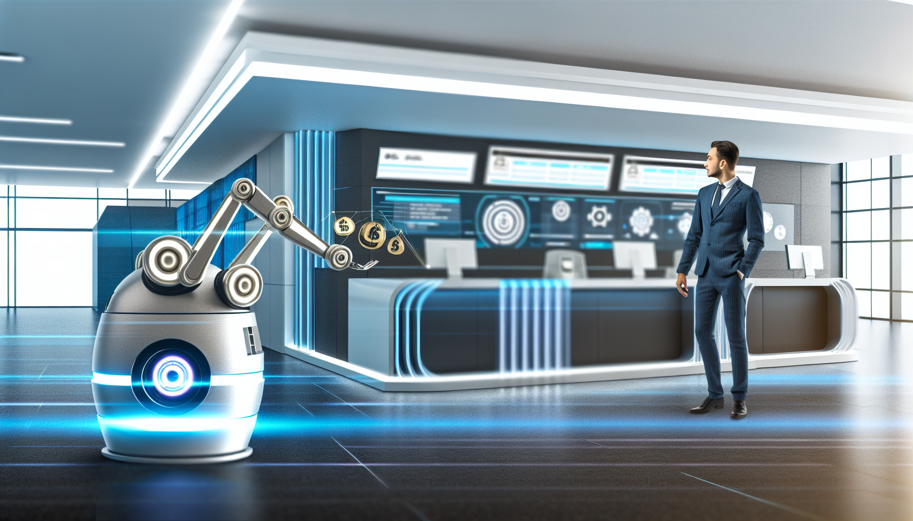 alt_text: Futuristic bank interior with robotic arm, banker, and touchscreen dashboards in a sleek, corporate setting.